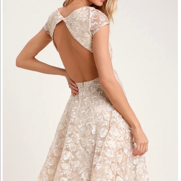 Lulu’s Jacqueline Champagne Floral Embroidered Backless Midi Dress - Picture 3 of 12